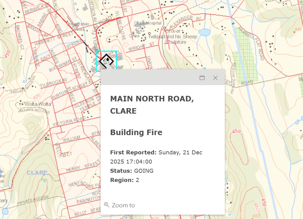 Clare - SA - Building Fire in the town 21st December 2025